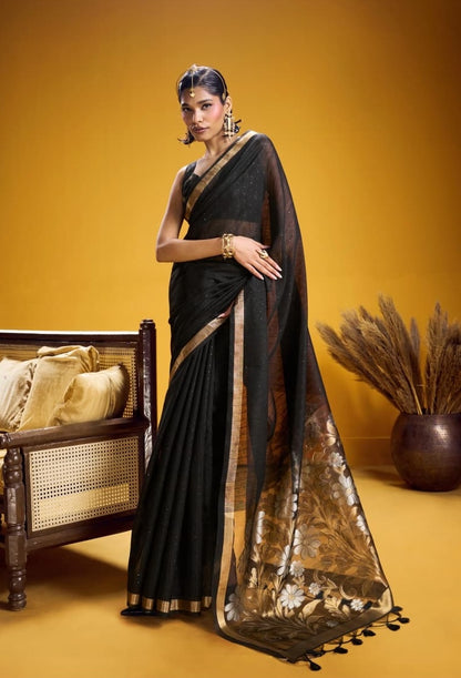 Black Munga Silk Readymade/Easy Saree - Panaash Saree