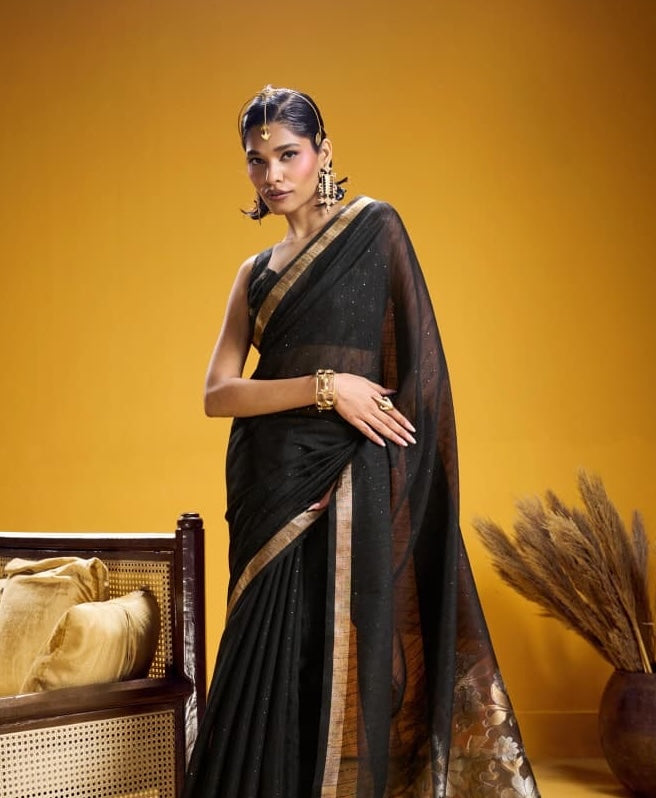 Black Munga Silk Readymade/Easy Saree - Panaash Saree
