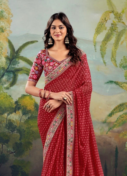 Red Georgette Readymade/Easy Saree