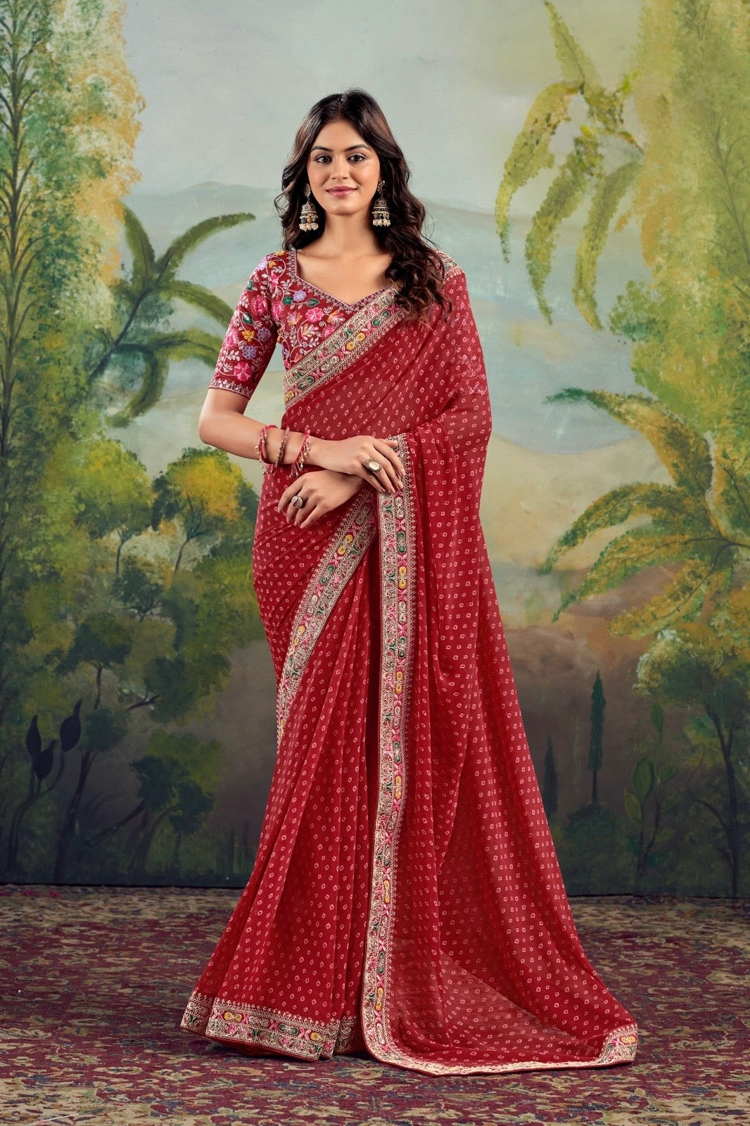 Red Georgette Readymade/Easy Saree