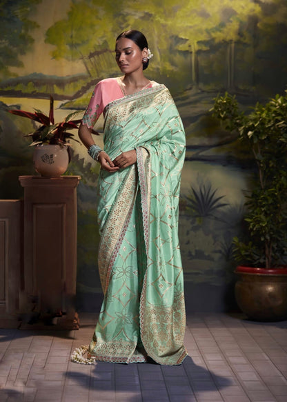 Pastel Green Color Designer Kanjivaram Readymade/Easy Saree