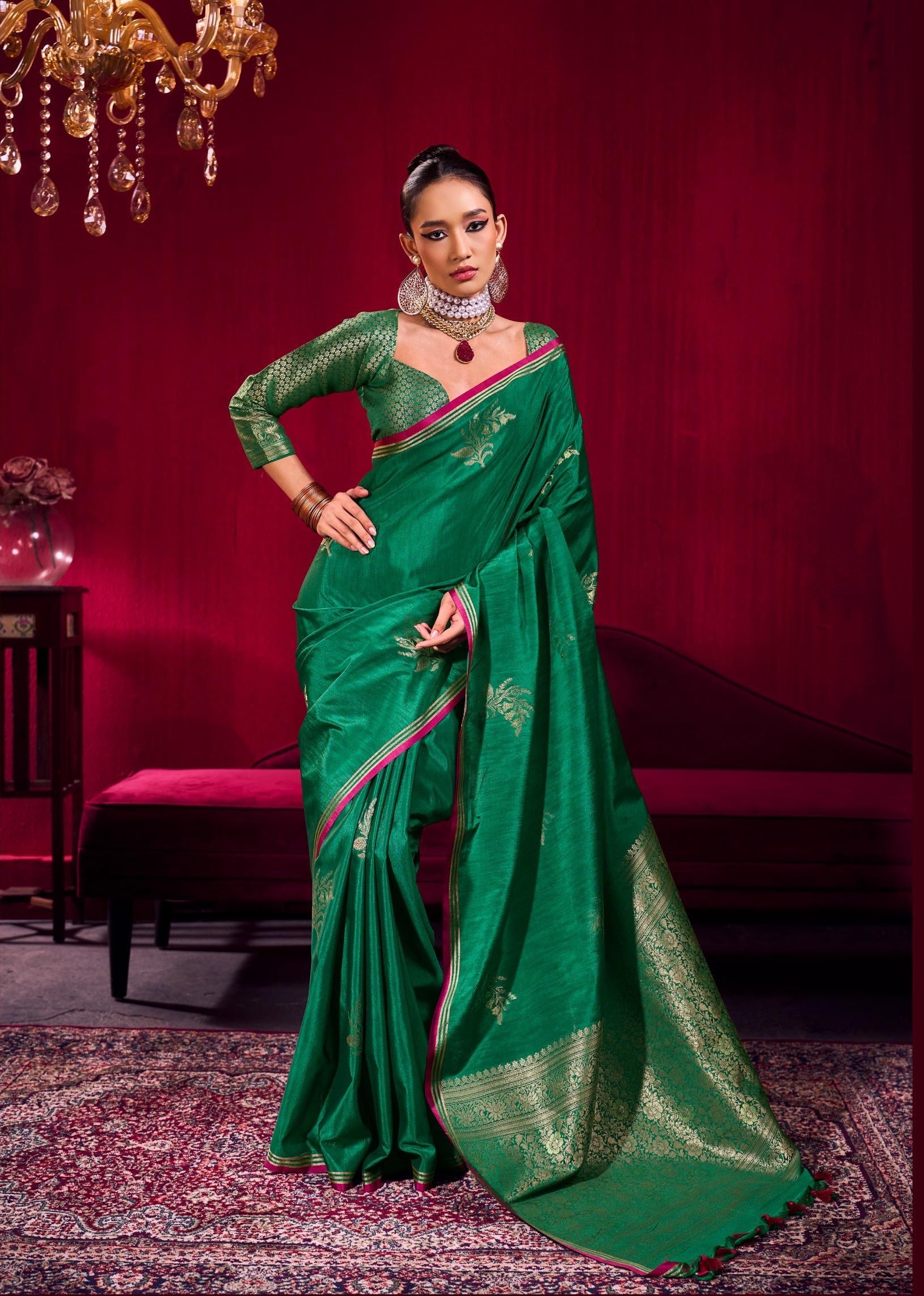 Green Linen Silk Ready To Wear/Easy Saree - Panaash Saree