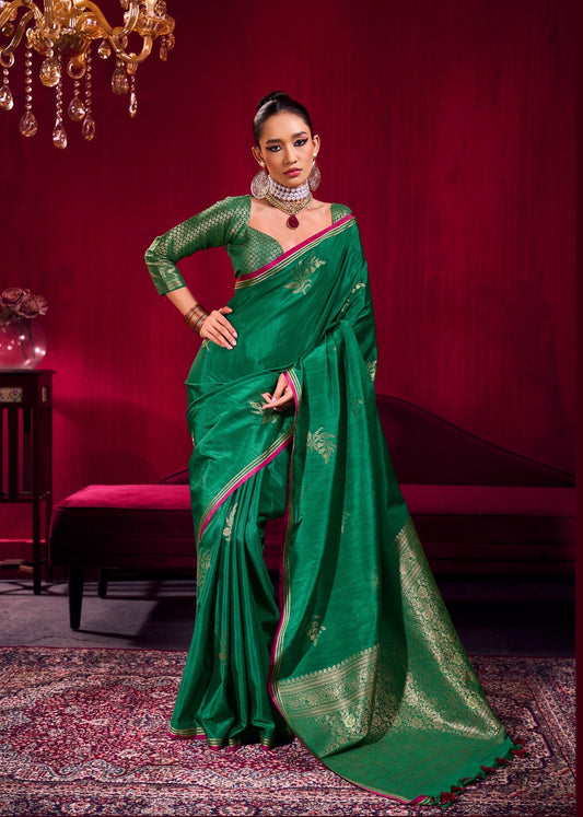 Green Linen Silk Ready To Wear/Easy Saree - Panaash Saree
