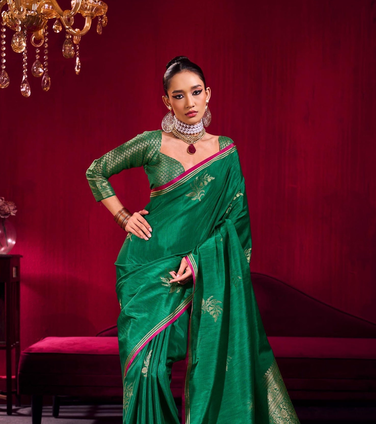 Green Linen Silk Ready To Wear/Easy Saree - Panaash Saree