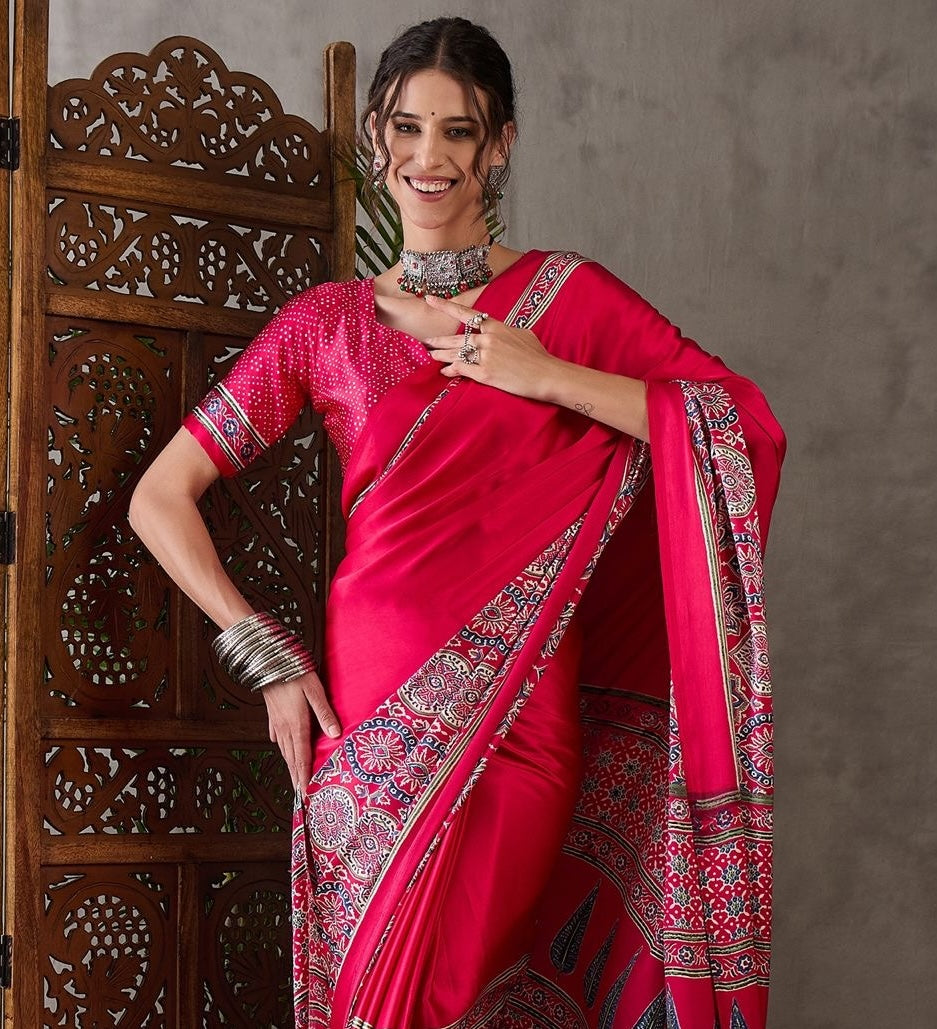 Bright red Crepe Silk Office wear Readymade/Easy Saree