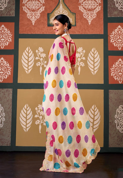 Cream Multicolor Chiffon Ready To Wear/Easy Saree