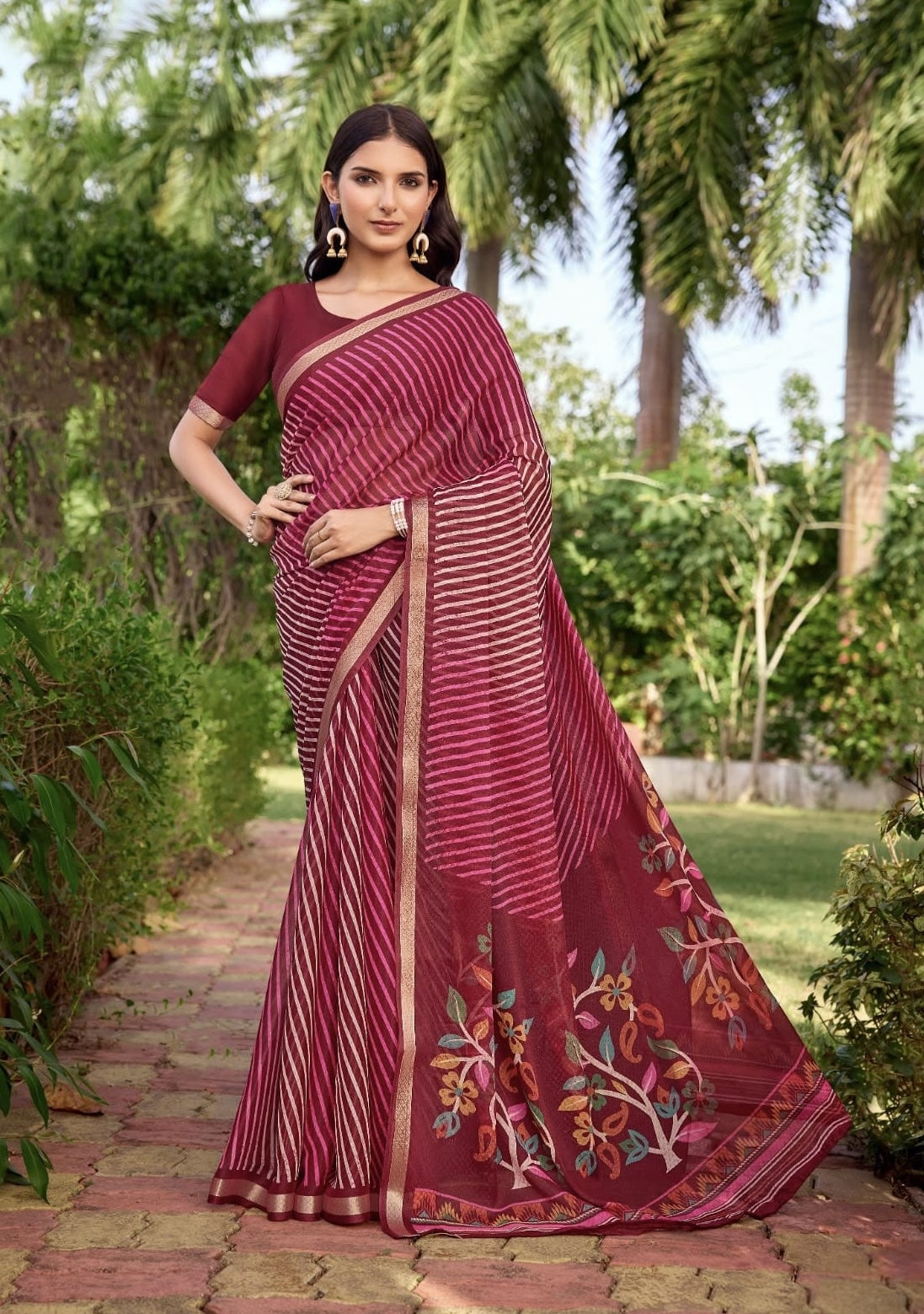 Wine purple striped ready-to-wear sari with floral pallu and contrast border