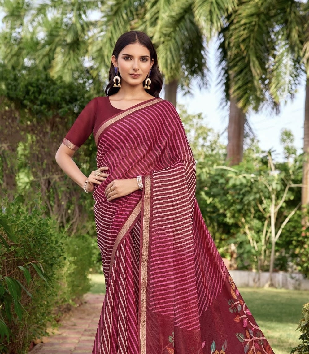 Wine purple striped sari with floral pallu, contrast border, and solid blouse