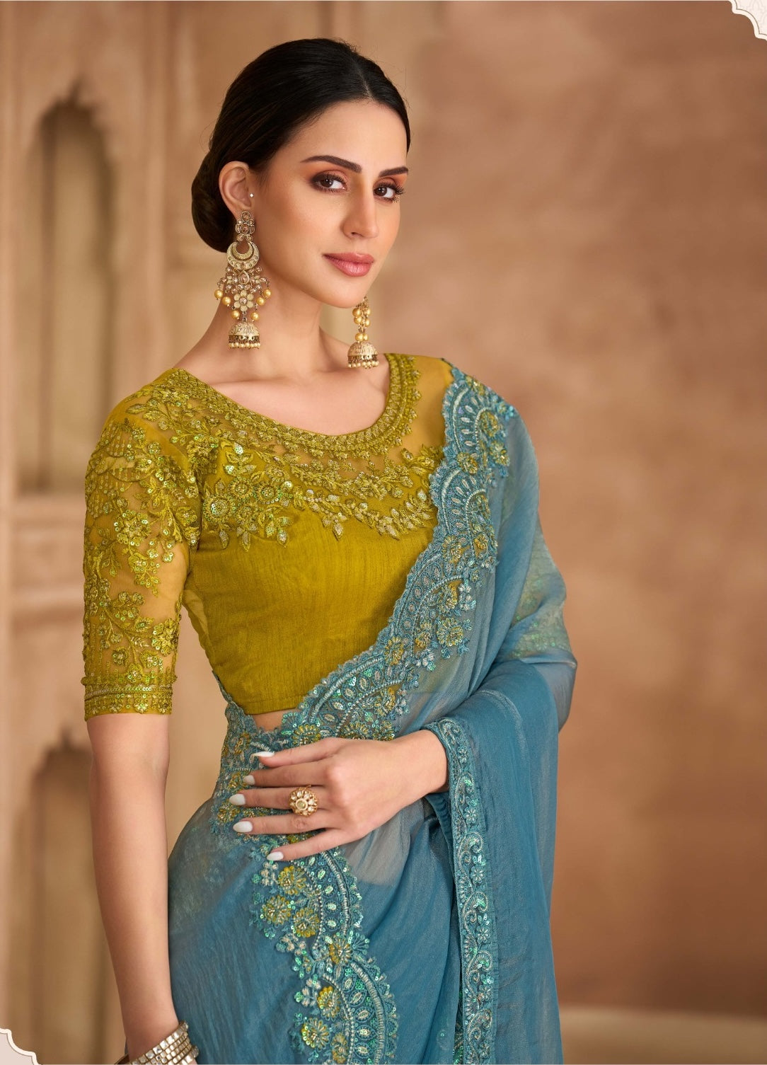 Teal Blue Cocktail Party Wear Readymade Saree