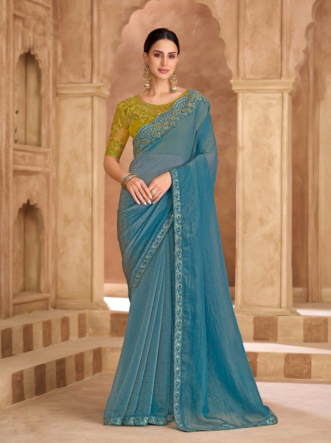 Teal Blue Cocktail Party Wear Readymade Saree