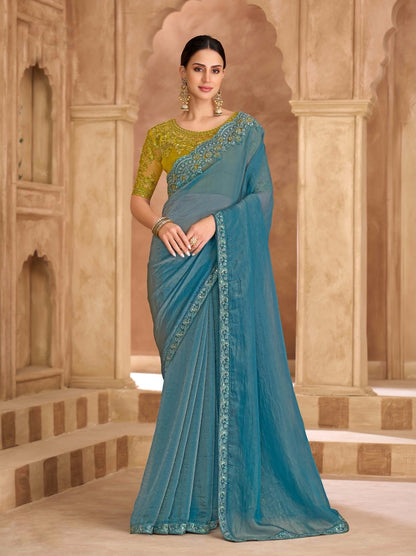 Teal Blue Cocktail Party Wear Readymade Saree