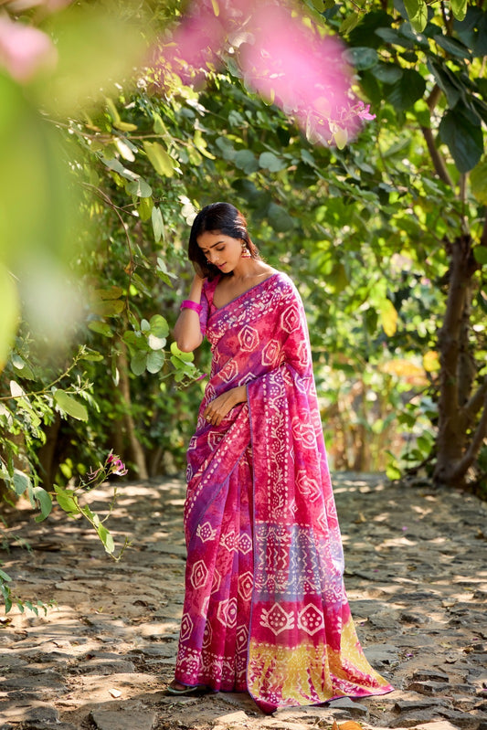 Pink Batik Print Mul Cotton Easy/Readymade Saree