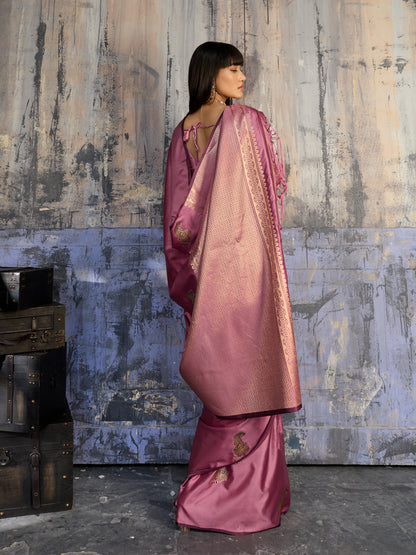 Rose Pink Satin Silk Readymade/Easy Saree - Panaash Saree