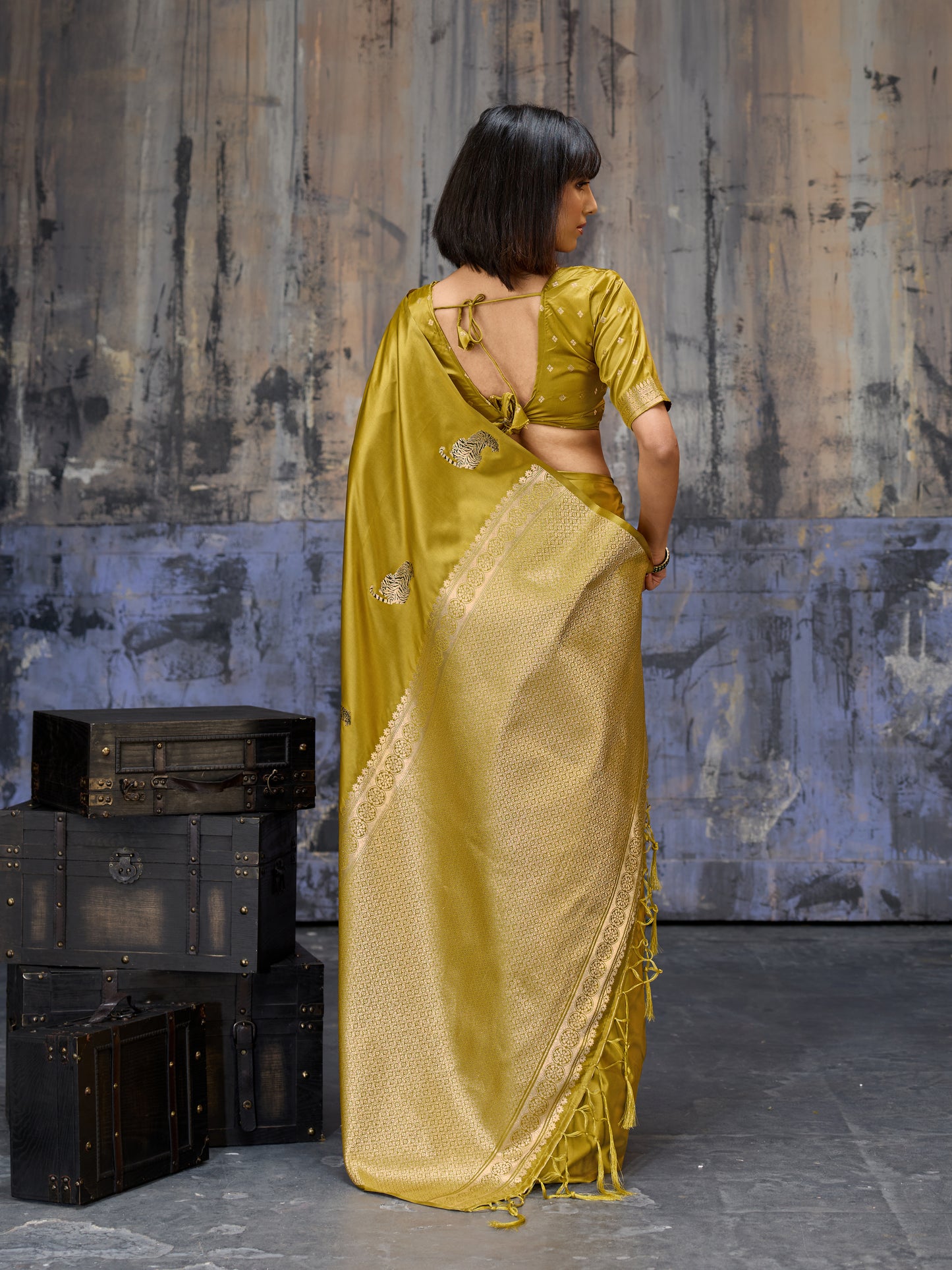 Mustard Satin Silk Readymade/Easy Saree - Panaash Saree