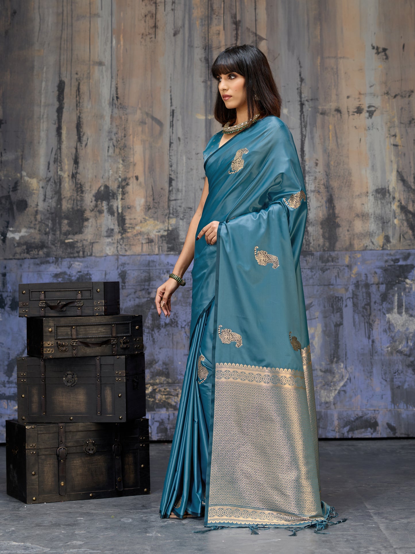 Teal Blue Satin Silk Readymade/Easy Saree - Panaash Saree