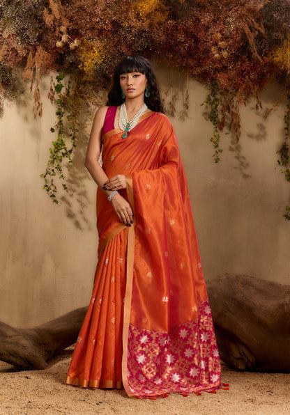 Orange Color Raw Silk Readymade/Easy Saree