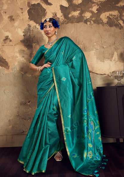 Teal Silk Ready To Wear/Easy Saree - Panaash Saree