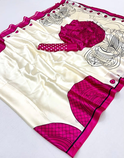 Pink and White Crepe Silk Readymade/Easy Saree