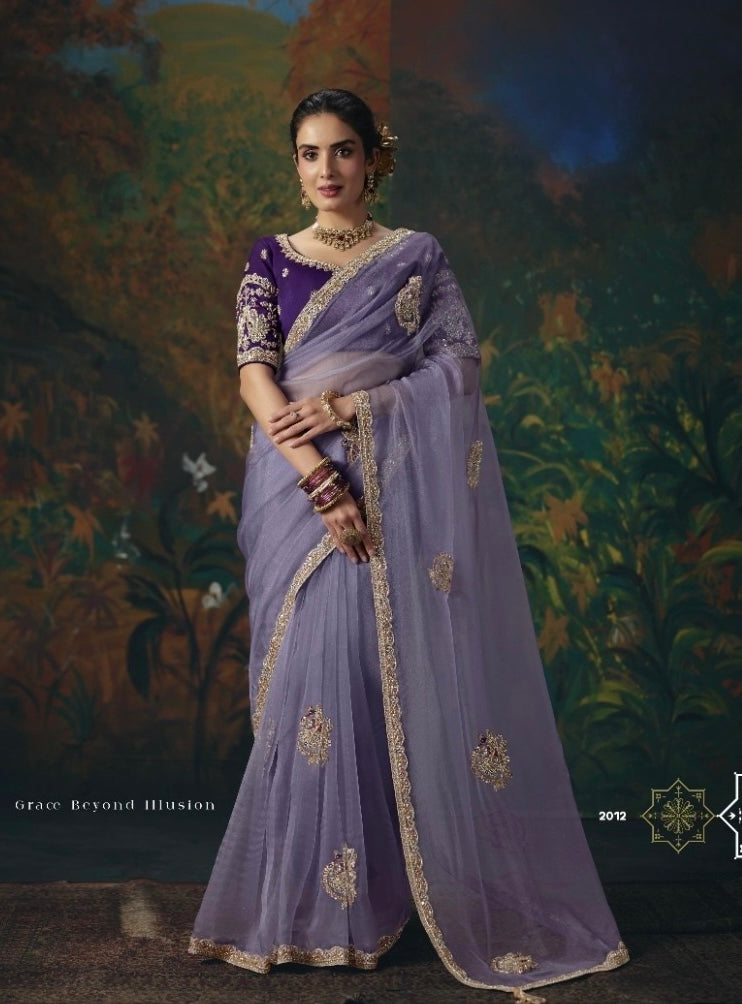 Lavender tissue silk ready-to-wear saree with gold trim and embroidered motifs