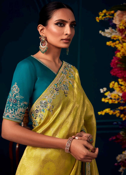 Yellow Turquoise Exclusive Kanjivaram Saree