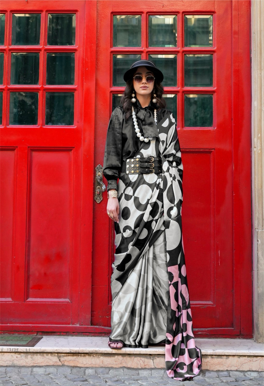 Black & White Crepe Silk Readymade/Easy Saree - Panaash Saree