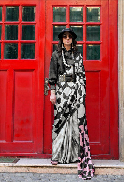 Black & White Crepe Silk Readymade/Easy Saree - Panaash Saree
