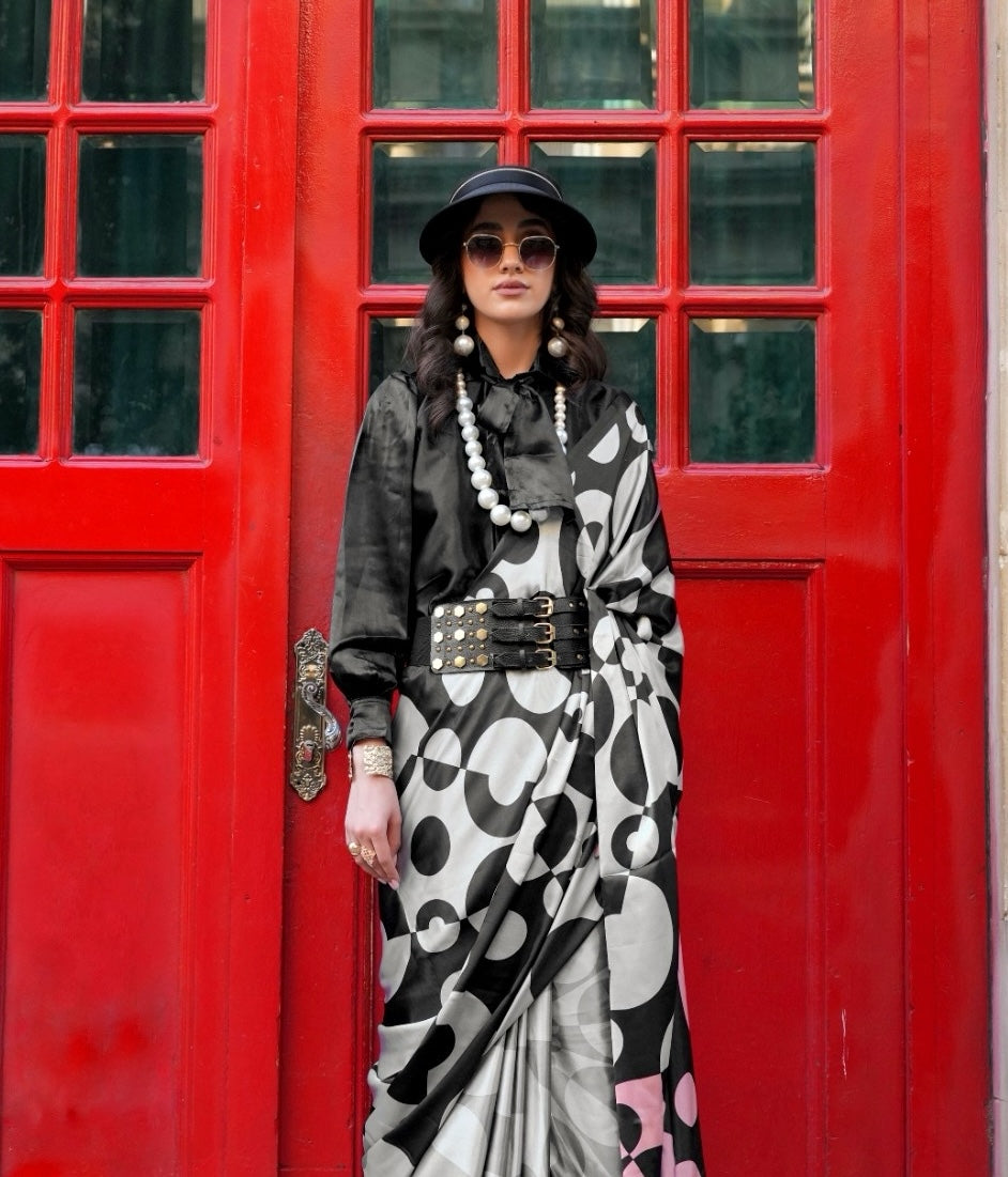 Black & White Crepe Silk Readymade/Easy Saree - Panaash Saree
