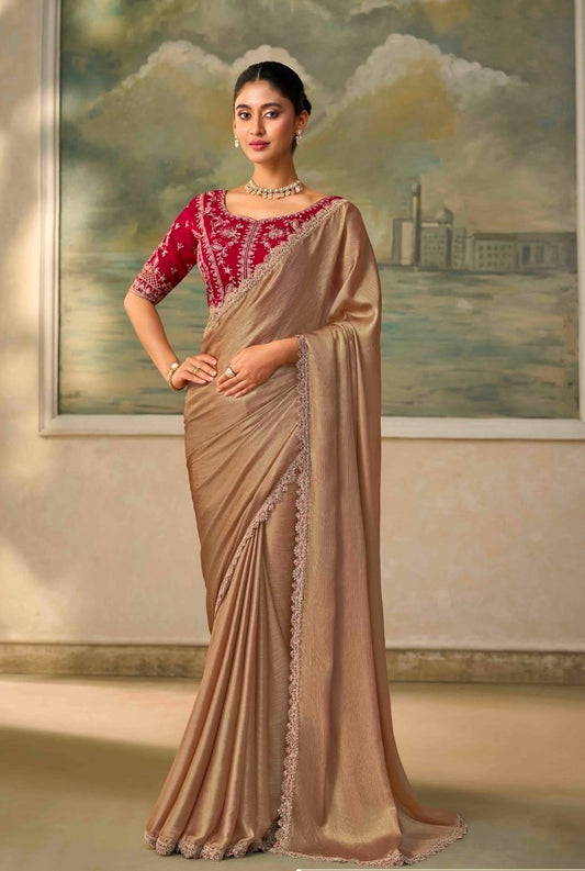 Light bronze ready-to-wear saree with red embroidered blouse, draped pallu and lace hem