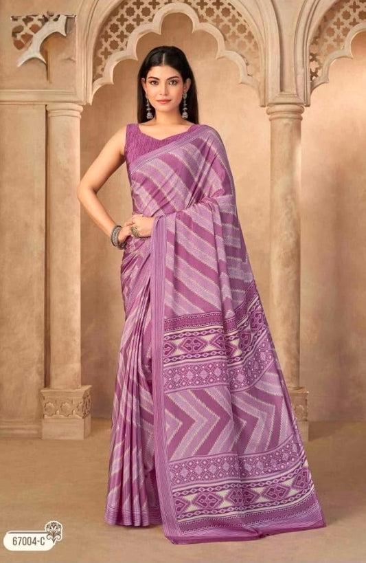 Mauve purple crepe silk ready-to-wear saree with geometric border and draped pleats