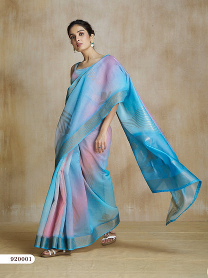 Light Blue Digital Print Silk Readymade/Easy Saree