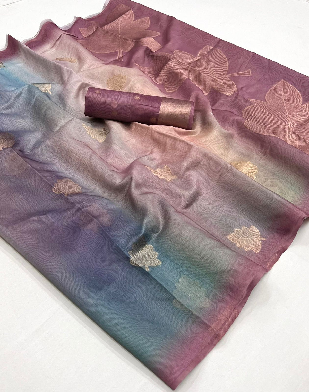 Mauve and blue printed linen saree with large floral leaf motifs, rolled ready-to-wear