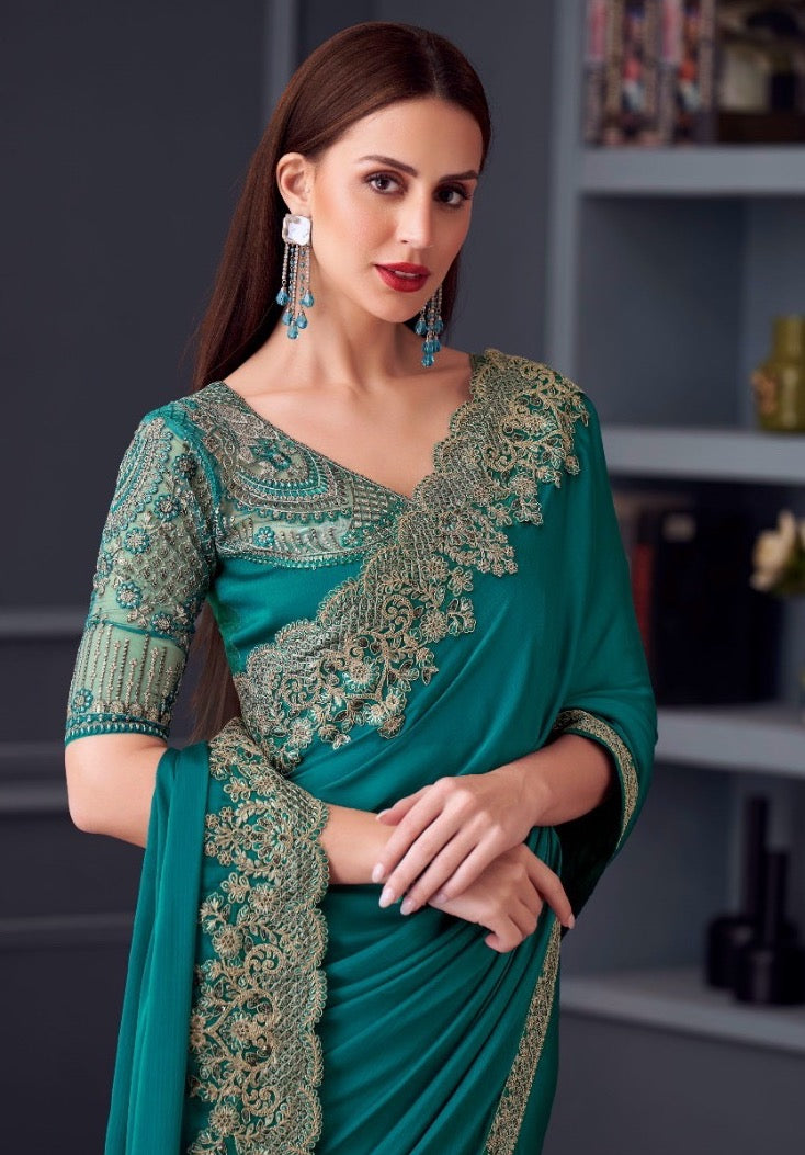 Green Color Cocktail Readymade Saree