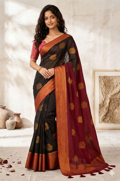 Black Mul Cotton Ready To Wear/Easy Saree - Panaash Saree