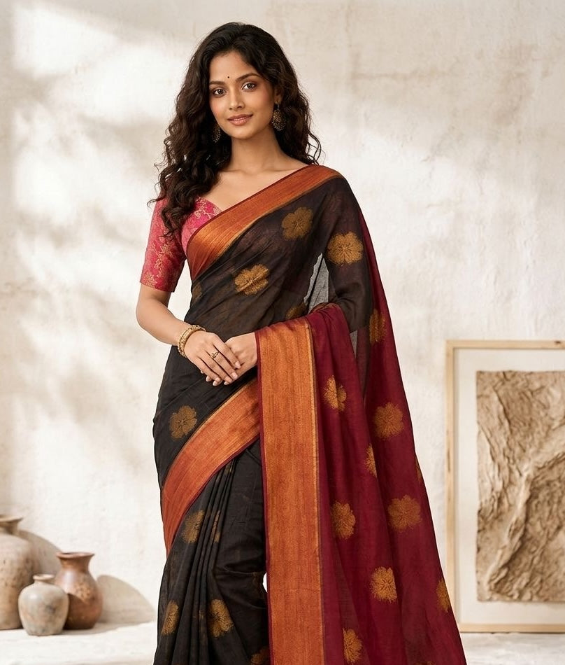 Black Mul Cotton Ready To Wear/Easy Saree - Panaash Saree