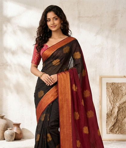 Black Mul Cotton Ready To Wear/Easy Saree - Panaash Saree