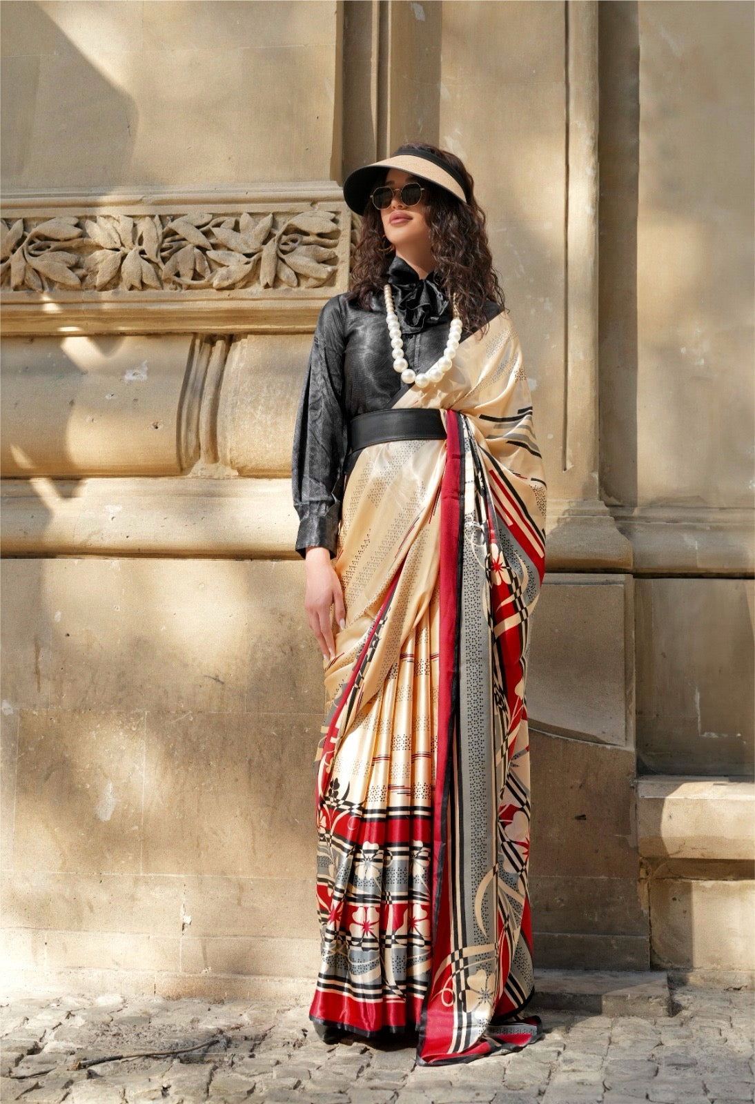 Beige & Red Crepe Silk Readymade/Easy Saree - Panaash Saree