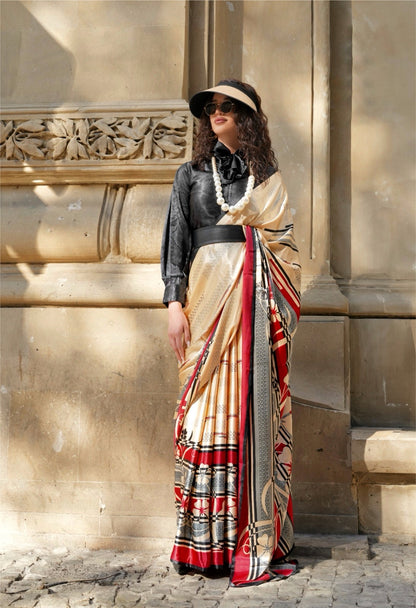 Beige & Red Crepe Silk Readymade/Easy Saree - Panaash Saree