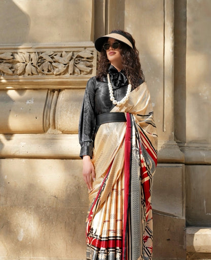 Beige & Red Crepe Silk Readymade/Easy Saree - Panaash Saree