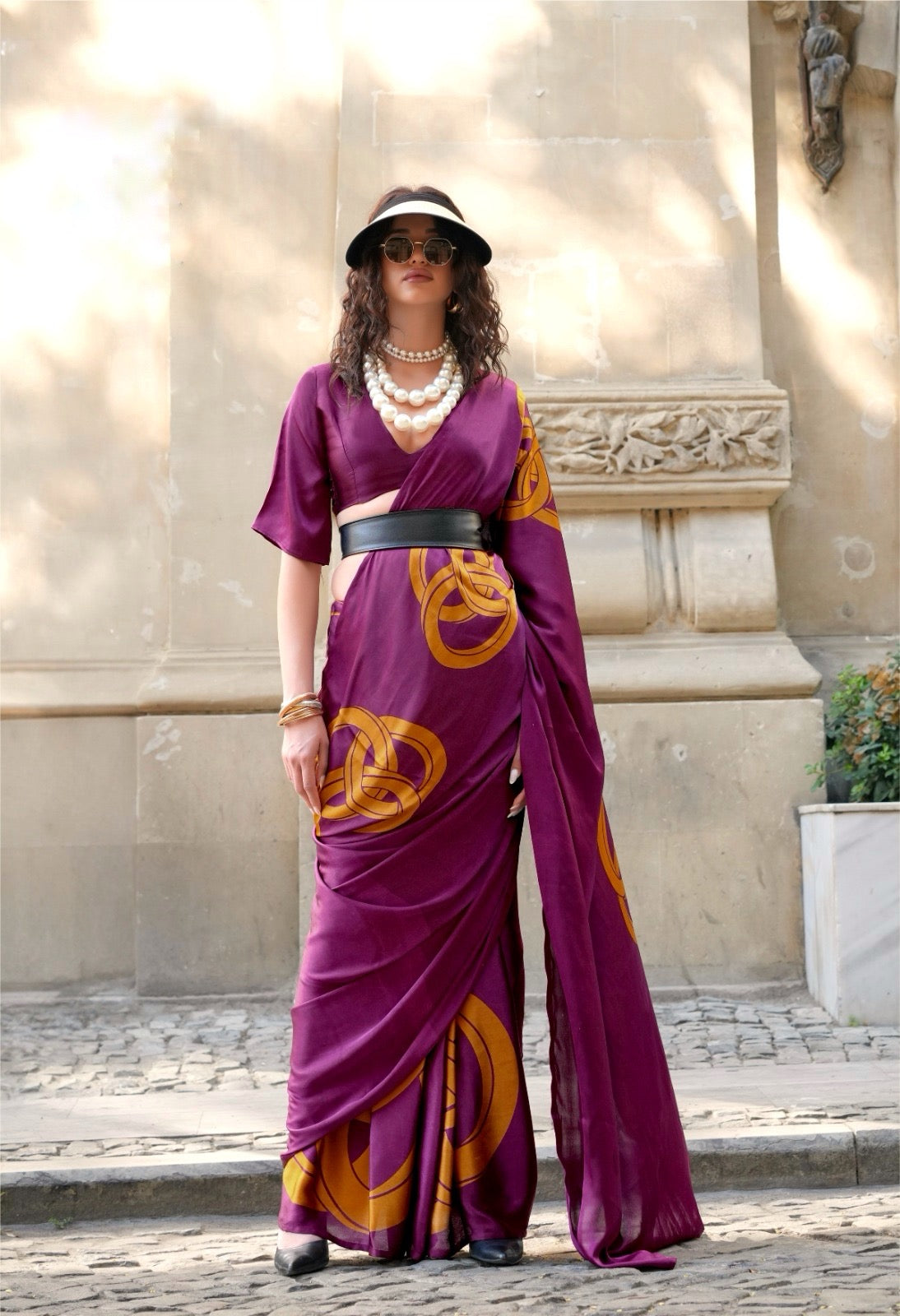 Wine Purple Crepe Silk Readymade/Easy Saree - Panaash Saree