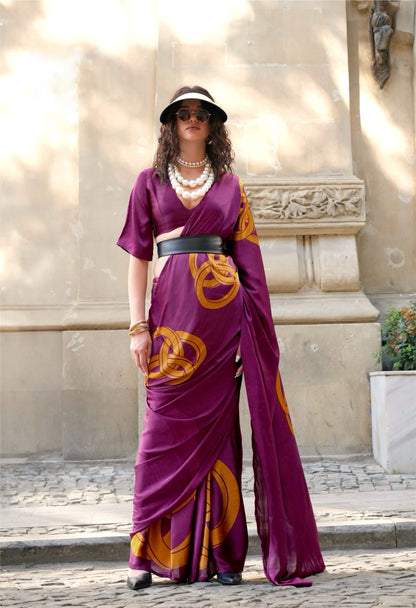 Wine Purple Crepe Silk Readymade/Easy Saree - Panaash Saree