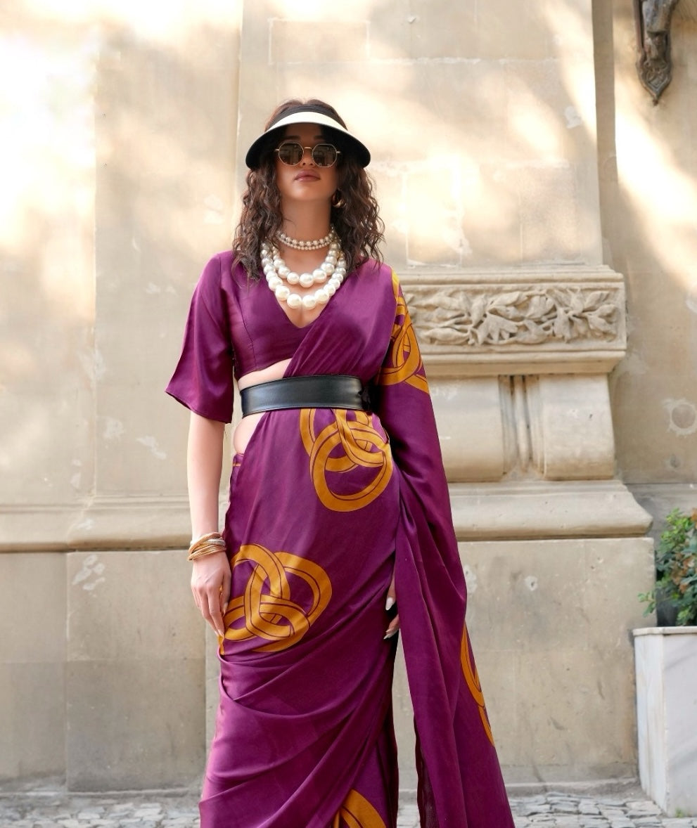 Wine Purple Crepe Silk Readymade/Easy Saree - Panaash Saree