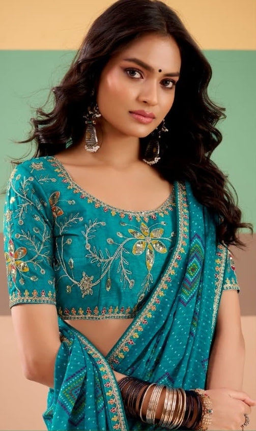 Turquoise Georgette Readymade/Easy Saree - Panaash Saree