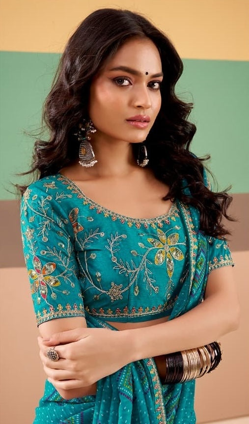 Turquoise Georgette Readymade/Easy Saree - Panaash Saree