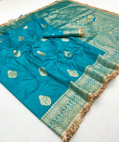 Teal blue Banarasi Silk Readymade/Easy Saree