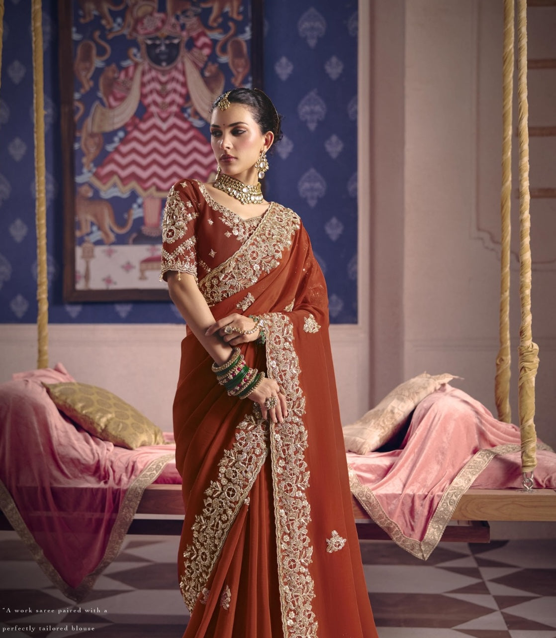 Rust Designer Silk Ready To Wear/Easy Saree by Stylebypanaash