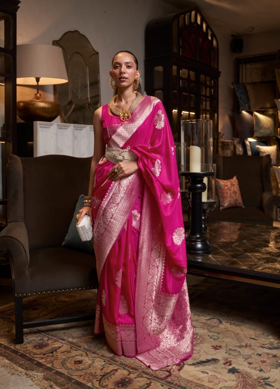 Pink Khadi Georgette Readymade/Easy Saree