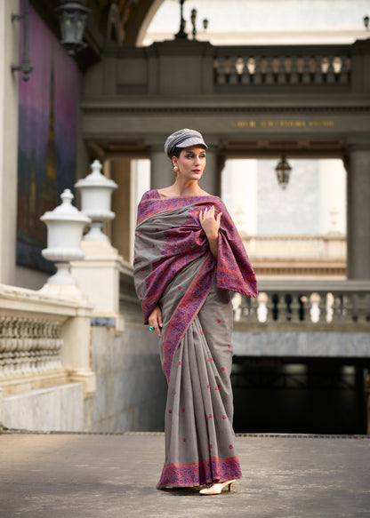 Grey Color Resham Woven Linen Cotton Easy/Readymade Saree