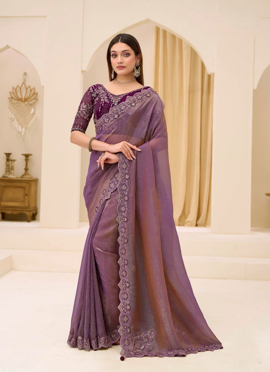 Plum Purple Cocktail Party Wear Readymade Saree