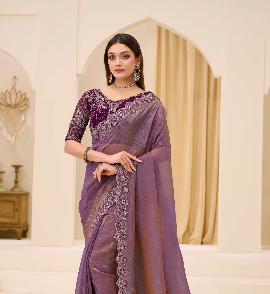 Plum Purple Cocktail Party Wear Readymade Saree