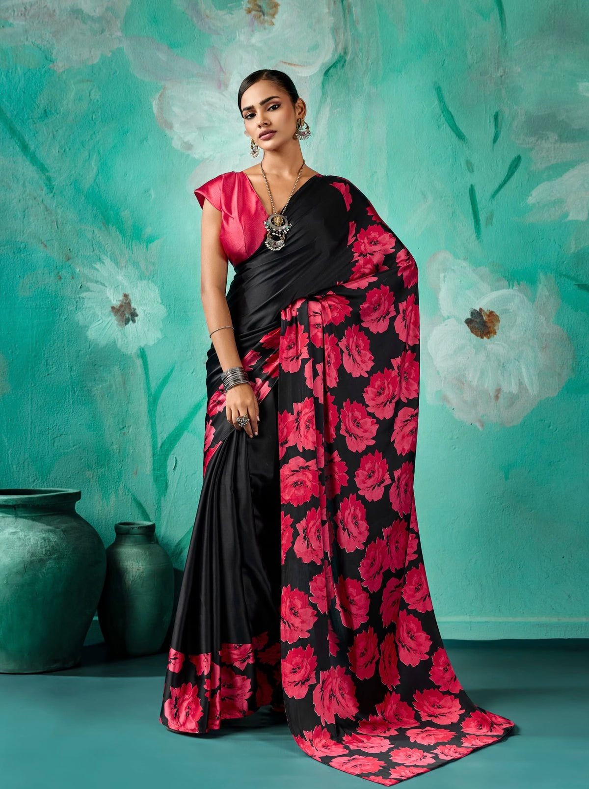 Black Floral Modal Silk Ready To Wear/Easy Saree
